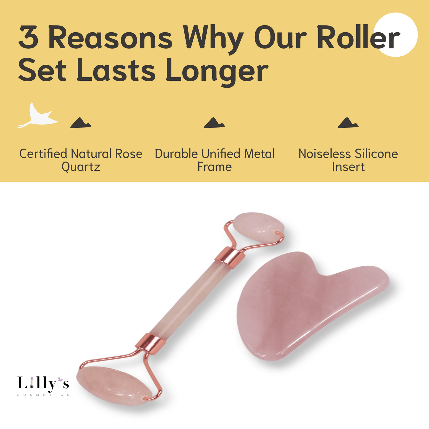 Rose Quartz Roller, Gua Sha and Brush Massage Set